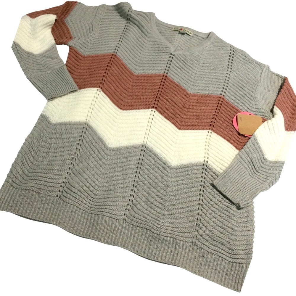 Love Change Italy Chevron Stripe V Neck Sweater Light‎ Pink Gray White Size S
